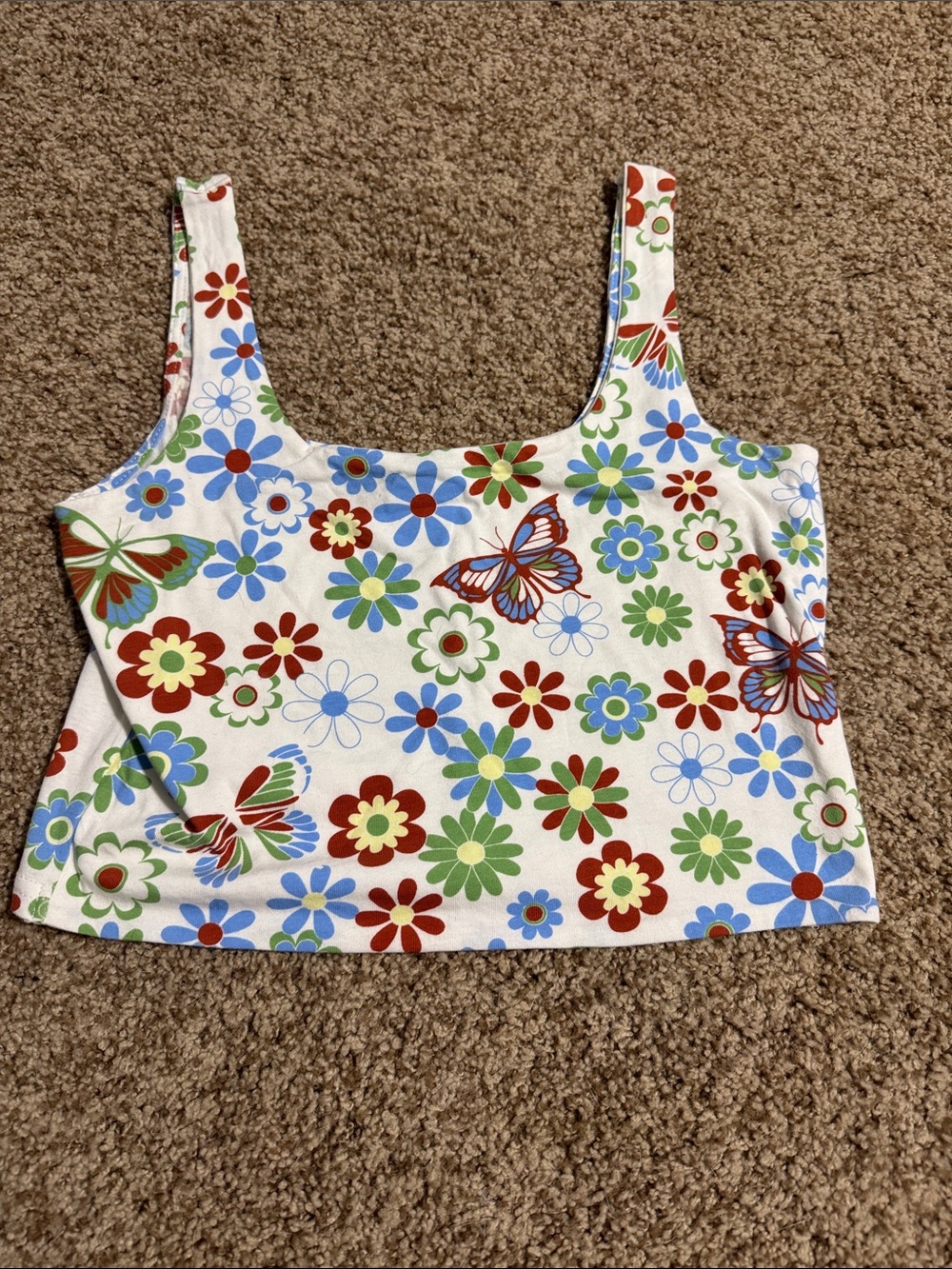 Rue21 White Floral & Butterfly Crop Tank with Red, Blue, Green Accents